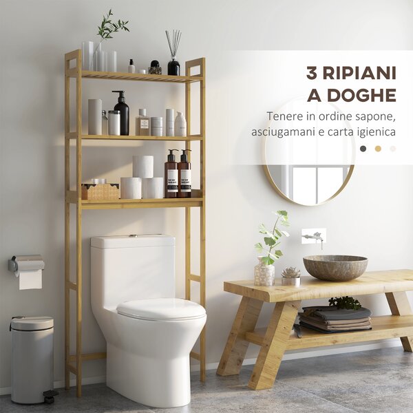 Kleankin Mobile Sopra WC Salvaspazio a 3 Ripiani Aperti a Doghe, in Bambù, 68x20x165 cm, color Bambù|Aosom