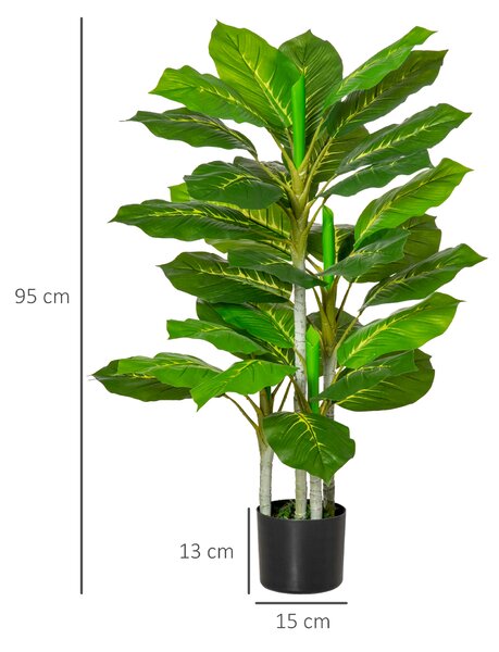 HOMCOM Pianta Verde Artificiale da 95 cm e 33 Foglie con Vaso Nero Ø15x13 cm, in PEVA, PE e Cemento|Aosom