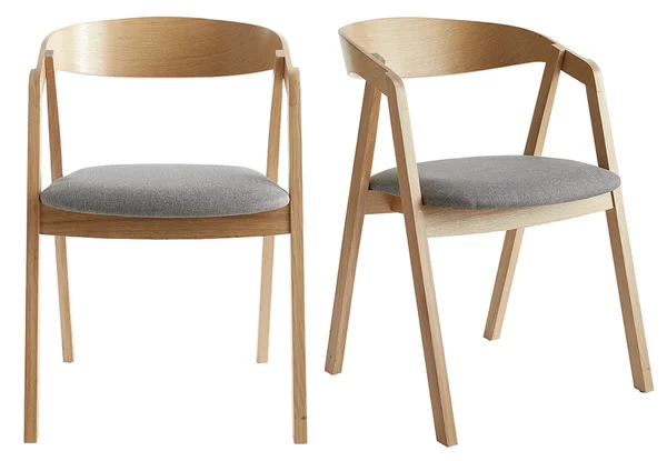 Sedie scandinave in legno chiaro massello di rovere e tessuto grigio (set di 2) LOVA