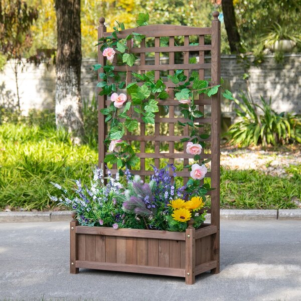 Outsunny Fioriera da Esterno in Legno con Grigliato per Piante Rampicanti, 64x28x120cm, Marrone