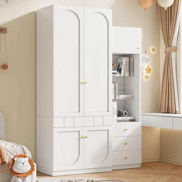 Set composto da armadio a 2 ante + vetrina | 80x50x200 cm e 50x40x180 cm | Bianco lucido | Con asta appendiabiti, cassetti e ampio spazio contenitivo