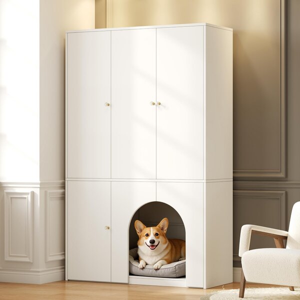 Armadio a 3 ante con zona per animali domestici 120x200x50 cm Armadio con ante battenti bianco effetto legno in stile moderno con appendiabiti e cuccia per gatti Armadio alto