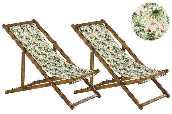 Set di 2 sedie a sdraio da giardino con struttura in legno di acacia chiaro con motivo floreale in tessuto amaca sedile reclinabile pieghevole Tele di Sostituzione Beliani