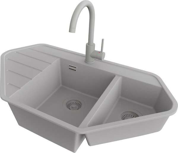 Lavello PRIMAGRAN in granito grigio 90x50cm, lavello angolare 1,5 vasche + rubinetto 32x20cm + set di scarico, lavello per cucina da base 70 cm - Copenhagen Corner