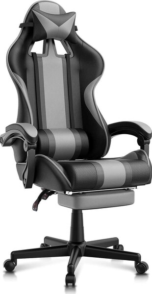 Sedia da gioco Poltrona da gioco ergonomica da corsa con poggiapiedi Sedia per computer con poggiatesta Sedia da gioco Sedia per PC Sedia da gioco per giocatori Grigio
