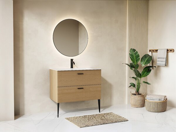 Mobile da bagno striato con piedini e lavabo da incasso - 2 cassetti - Naturale chiaro - 80 cm - SARONE