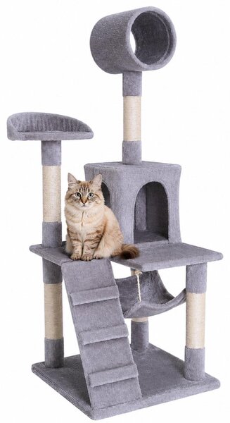 Tiragraffi lionto, elegante albero per gatti da 133 cm con copertura in peluche, robusti pali in sisal e versatili aree di riposo, grigio chiaro