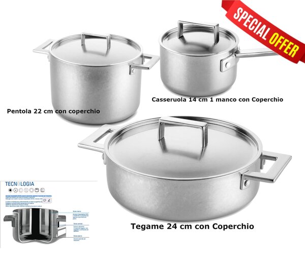 Batteria di pentole, Mepra Modello ATTIVA PELTRO VINTAGE 6 Pezzi, Acciaio Inossidabile 18/10, cuore in alluminio, esterno in acciaio per induzione