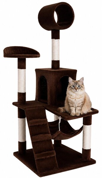 Tiragraffi lionto, elegante albero per gatti da 133 cm con copertura in peluche, robusti paletti in sisal e versatili aree di riposo, marrone