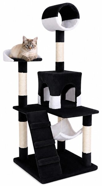 Tiragraffi lionto, elegante albero per gatti da 133 cm con copertura in peluche, robusti pali in sisal e versatili aree di riposo, nero/bianco