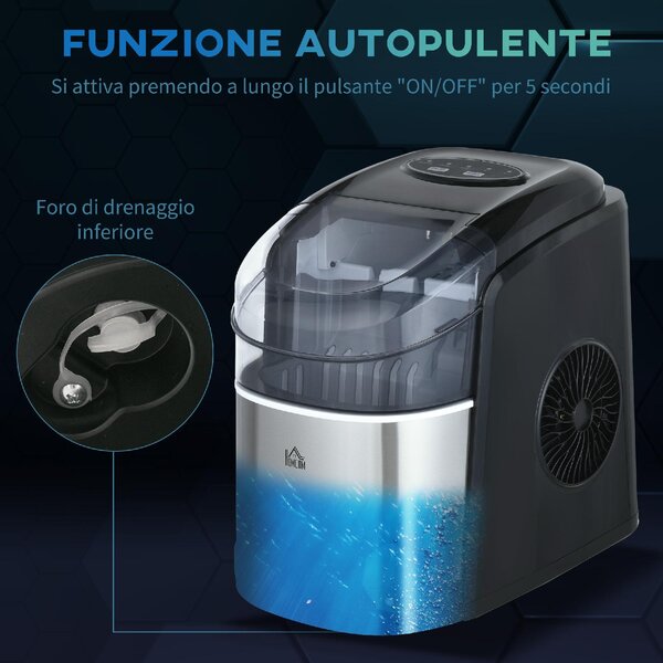 DecHome Macchina del Ghiaccio Autopulente da 9 Cubetti in 6-12 Minuti in PP e Acciaio Inox 24.2x35.3x33 cm colore Nero - 0BKAM468