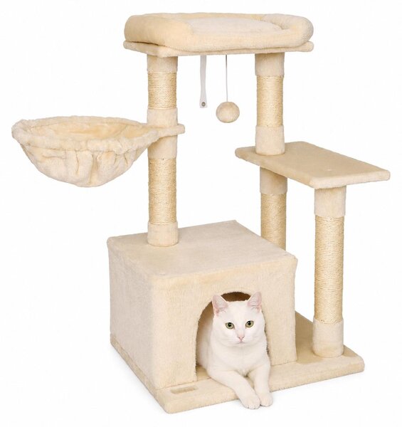 Tiragraffi compatto lionto 85 cm, albero per gatti salvaspazio con palla da gioco, tronco in sisal e superficie tiragraffi, beige