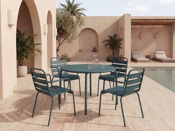 Sala da pranzo da giardino un tavolo D.110 cm e 4 poltrone impilabili Metallo Verde abete - MIRMANDE di MYLIA