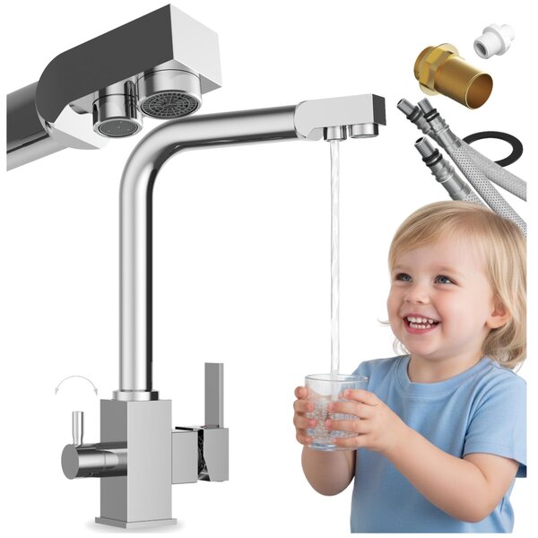 Granitan | Miscelatore da cucina Node - Argento - Altezza totale 310 mm - Orientabile a 360° - Miscelatore con filtro per l'acqua