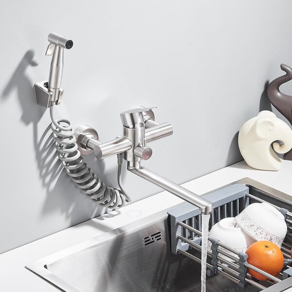 Miscelatore da cucina a parete, 2 fori, finitura in nichel spazzolato, 23 cm, con braccio girevole e doccetta estraibile, controllo acqua fredda/calda, monocomando, in acciaio inossidabile