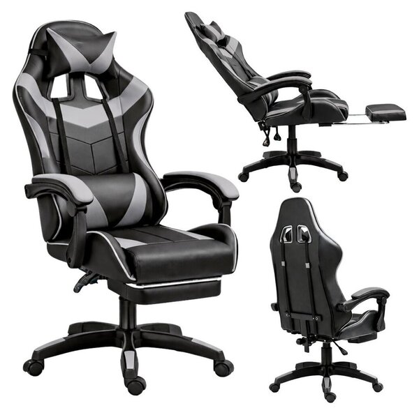 Sedia da gaming girevole con poggiapiedi, nera e grigia