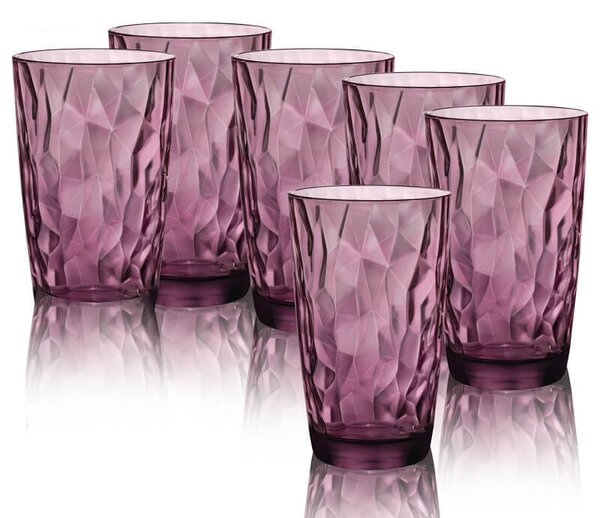 Set of drink glasses in purple colored glass. Elegant and precious diamond-like edge design. Paste colors always vivid, transparent, which do not discolour and do not wear out over time. Ecological and safe. BPA free. Dishwasher safe