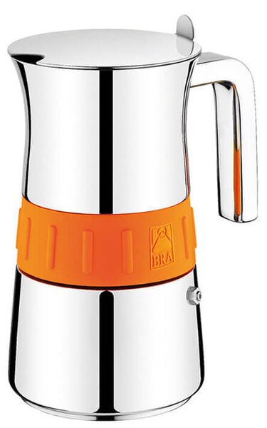 Caffettiera in acciaio inox con fascia in silicone color arancio,compatibile con tutti i piani di cottura