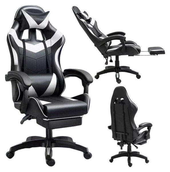 Sedia da gaming girevole con poggiapiedi, nera e bianca