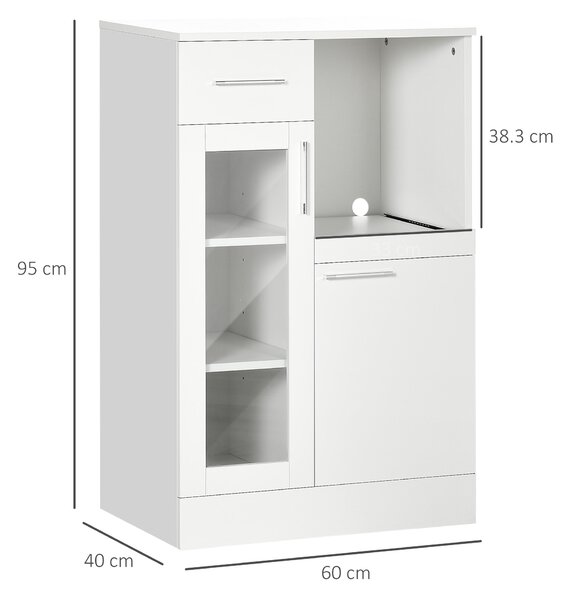 HOMCOM Credenza Moderna con Armadietti e Cassetto, Mobile Cucina Salvaspazio in Legno e Vetro 60x40x95cm, Bianco