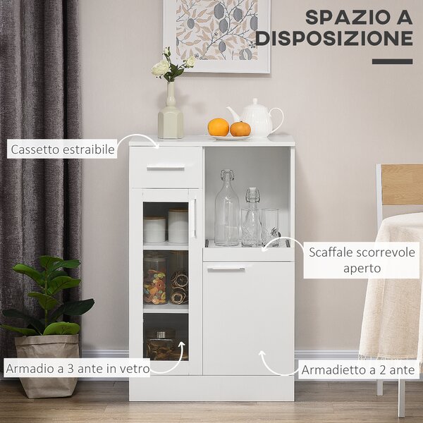 HOMCOM Credenza Moderna con Armadietti e Cassetto, Mobile Cucina Salvaspazio in Legno e Vetro 60x40x95cm, Bianco