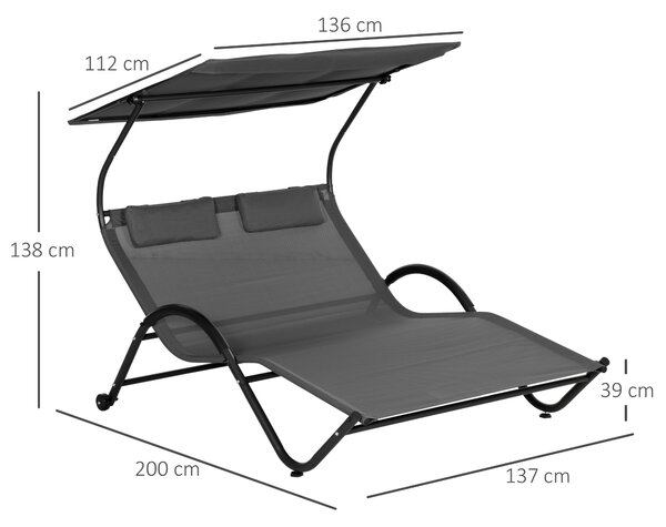Outsunny Sdraio Giardino 2 Posti Ergonomico con Tettuccio Parasole Anti-Raggi UV, Ruote e Cuscini Poggiatesta, Lettino Prendisole Grigio | Aosom Italy
