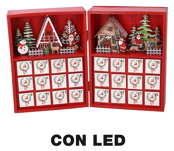 Calendario dell'Avvento in Legno con Led rosso cm 36x6xh24