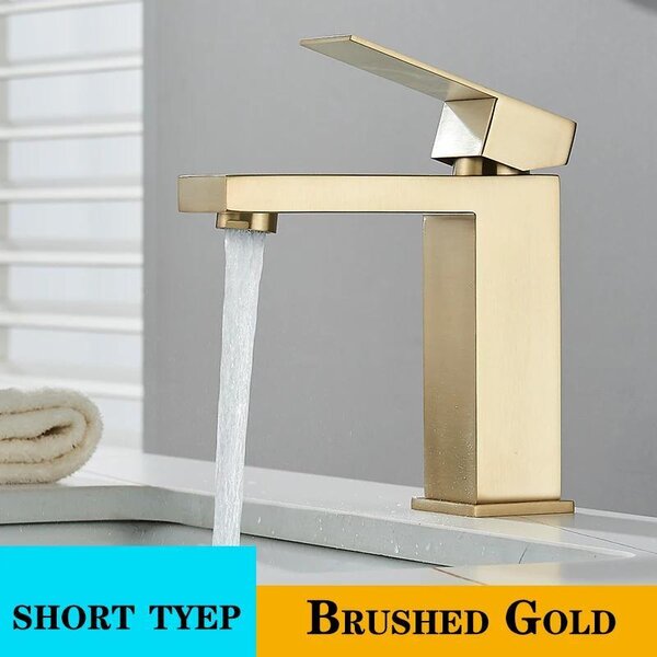 Miscelatore monocomando per lavabo da bagno - Miscelatore monoleva per lavabo - Monoforo - Montaggio a incasso - Acqua calda e fredda - Design quadrato - Acciaio inossidabile/ottone - Finitura dorata spazzolata