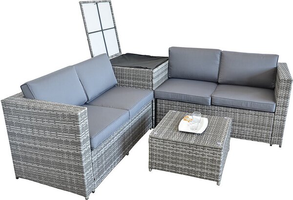 Set di mobili da giardino angolari in polyrattan con scatola di cuscini grigio