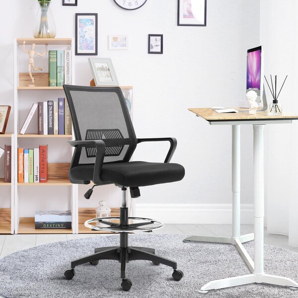Sedia da ufficio Sweiko, sedia regolabile in altezza con poggiapiedi, schienale a rete, con rotelle, in plastica, colore nero