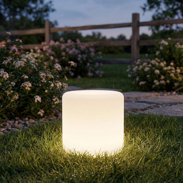 Moderna lampada da tavolo cilindrica a LED con pannello solare e lampada da giardino con picchetto, cambio colore RGBW, ricaricabile tramite USB, resistente alle intemperie (IP44) – ideale per il tuo giardino