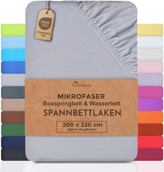 NatureMark, lenzuolo matrimoniale in microfibra per letto a molle e materasso ad acqua 200 x 220 cm - altezza 40 cm Lenzuolo matrimoniale 200x220cm 100% poliestere, argento/grigio chiaro