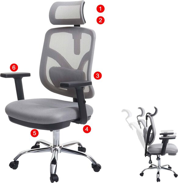 Sedia da ufficio SIHOO sedia da scrivania, ergonomica, supporto lombare e bracciolo regolabili ~ grigio