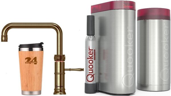"QUOOKER CLASSIC FUSION SQUARE bocca fissa ottone patina COMBI B con CUBE 2 *Il rubinetto che può fare tutto! (22CFSPTNCUBE)" (2-St) Rubinetto per acqua bollente a 100°C con sistema di acqua potabile *Inclusa tazza termica