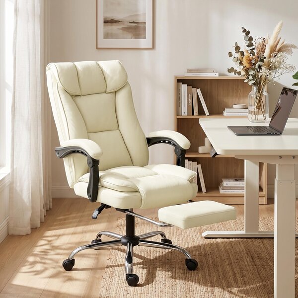 Sedia da ufficio ergonomica Sweiko con poggiapiedi, rivestita in ecopelle, con ruote, girevole, in metallo, color beige e nero