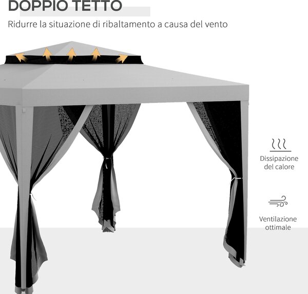 Outsunny Gazebo da Giardino 3x3 m con Zanzariera, Doppio Tetto e 8 Fori, in Acciaio e Poliestere, Grigio | Aosom Italy