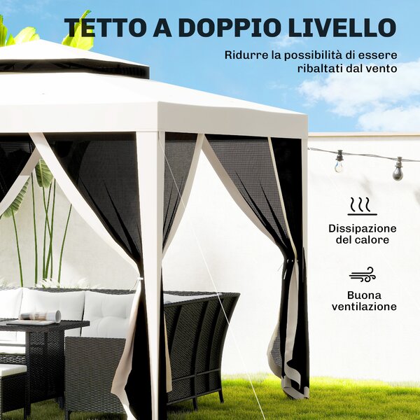 Outsunny Gazebo da Giardino 3x3 m con Zanzariera, Doppio Tetto e 8 Fori, in Acciaio e Poliestere Bianco Crema