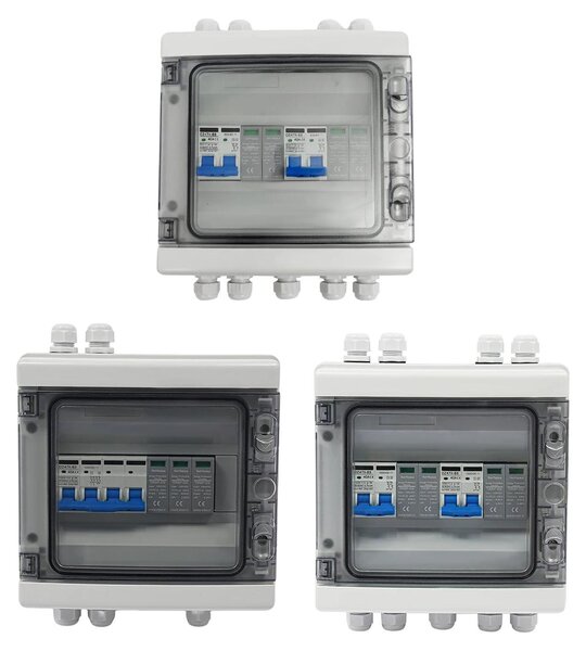 Scatola combinatore solare PV DC - Scatola combinatore solare 500V DC - 2 ingressi, 2 uscite - 40A - Grado di protezione IP65 - Protezione contro le sovratensioni - Con interruttori di protezione - Grigio chiaro/Bianco