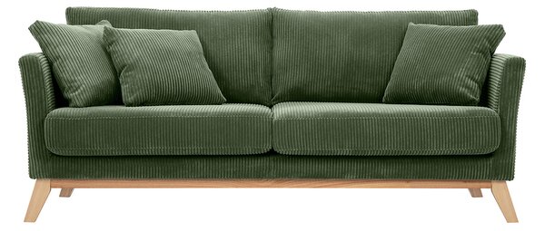 Divano scandinavo 3 posti in tessuto velluto a coste verde kaki e legno chiaro OSLO