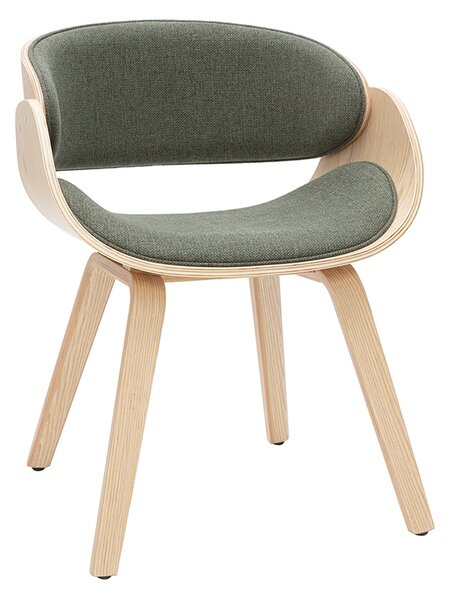 Sedia design in tessuto verde cachi e legno chiaro BENT