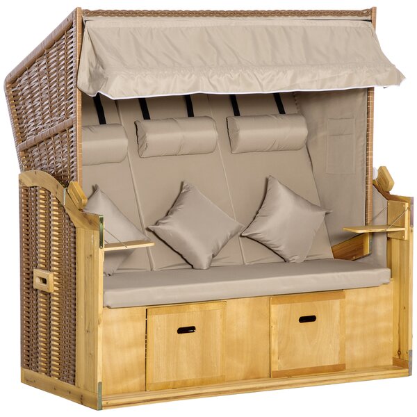 Outsunny Sedia a Sdraio 3 Posti Lettino con Tetto 2 Tavolini Ribaltabili Poggiapiedi Chaise Longue Schienale Regolabile a 5 Posizioni XXL Poly Rattan Naturale 150 x 79 x 160 cm