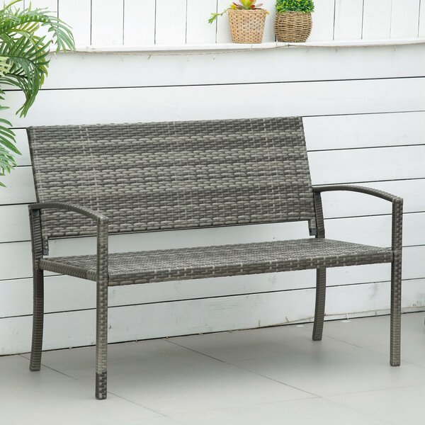 Outsunny Panca da Giardino in Stile Rattan, con Struttura in Acciaio, per 2 Persone, Grigio, 122 x 60 x 85cm