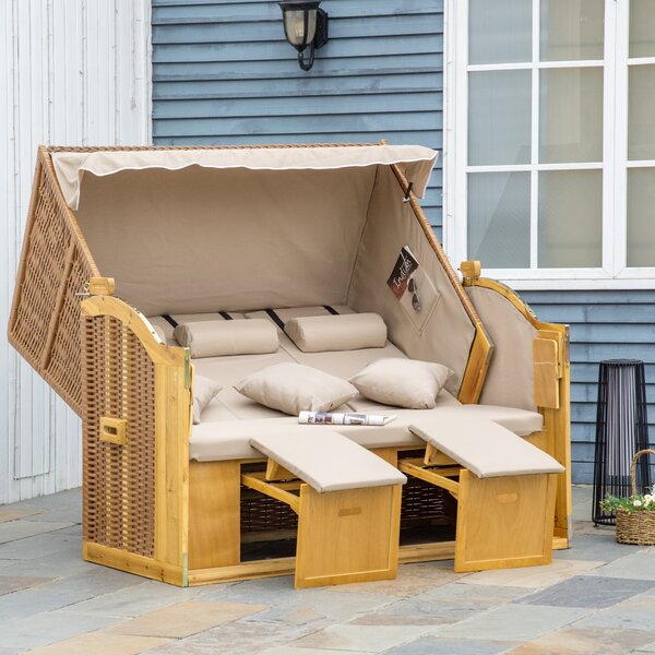 Outsunny Sedia a Sdraio 3 Posti Lettino con Tetto 2 Tavolini Ribaltabili Poggiapiedi Chaise Longue Schienale Regolabile a 5 Posizioni XXL Poly Rattan Naturale 150 x 79 x 160 cm