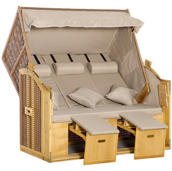 Outsunny Sedia a Sdraio 3 Posti Lettino con Tetto 2 Tavolini Ribaltabili Poggiapiedi Chaise Longue Schienale Regolabile a 5 Posizioni XXL Poly Rattan Naturale 150 x 79 x 160 cm