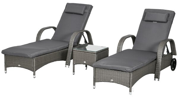 Outsunny Lettino Prendisole Tavolino da Giardino Set da Giardino 3 Pezzi, Rattan Sintetico+Metallo Grigio+Grigio Scuro