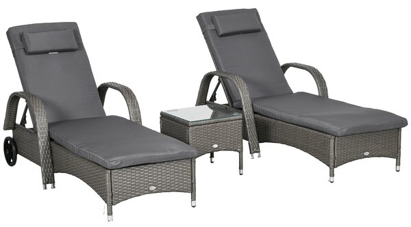 Outsunny Lettino Prendisole Tavolino da Giardino Set da Giardino 3 Pezzi, Rattan Sintetico+Metallo Grigio+Grigio Scuro