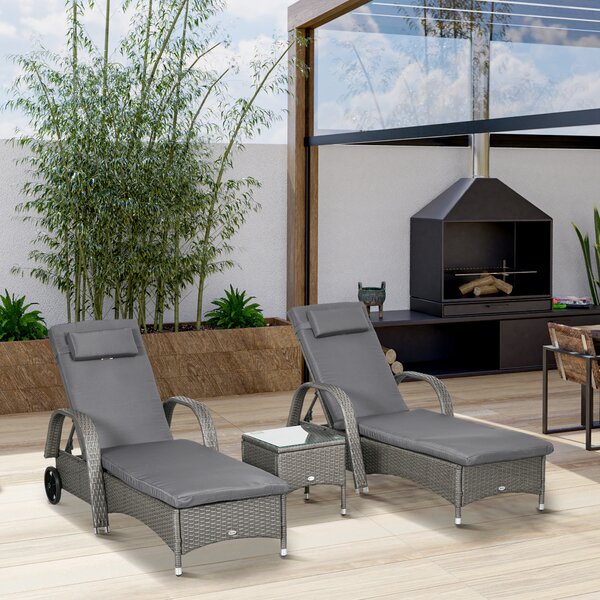 Outsunny Lettino Prendisole Tavolino da Giardino Set da Giardino 3 Pezzi, Rattan Sintetico+Metallo Grigio+Grigio Scuro