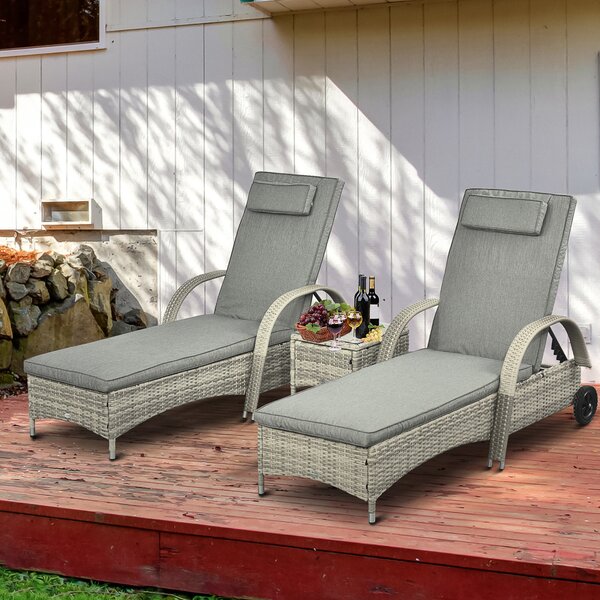 Outsunny Lettino Prendisole Tavolino Set da Giardino in 3 Pezzi, Rattan Sintetico+Metallo Grigio