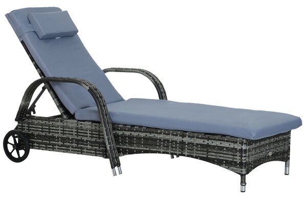 Outsunny Sdraio da Giardino in Polirattan con Schienale Regolabile in 5 Posizioni, Cuscino, Ruote, Portata 160 kg, Sedia Sdraio Relax per Giardino, 200x73x30-103cm, Grigio