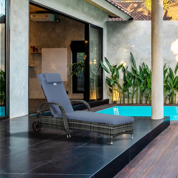 Outsunny Sdraio da Giardino in Polirattan con Schienale Regolabile in 5 Posizioni, Cuscino, Ruote, Portata 160 kg, Sedia Sdraio Relax per Giardino, 200x73x30-103cm, Grigio